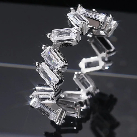 🔥Shiny Irregular Rectangle Gems Full Around Zircon Silver Eternity Ring, K804 - Picture 2 of 4